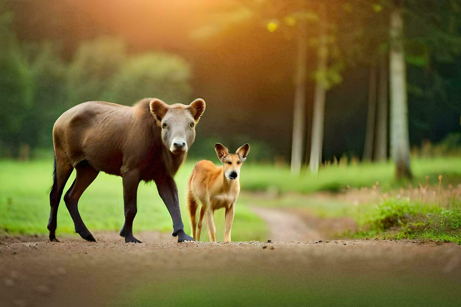 een hert en een baby hert zijn wandelen naar beneden een aarde weg. ai-gegenereerd foto