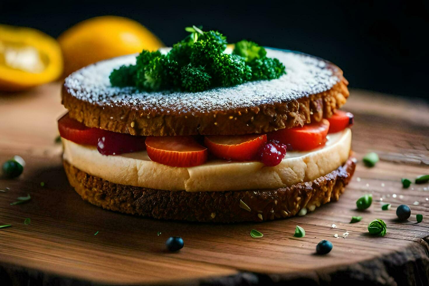 een belegd broodje met aardbeien en broccoli Aan top. ai-gegenereerd foto