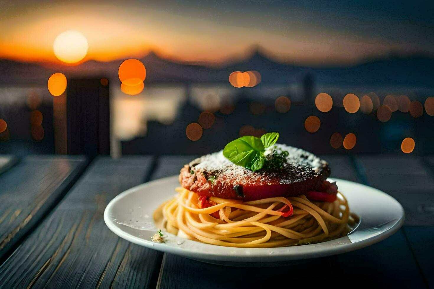 spaghetti met tomaat en basilicum Aan een bord. ai-gegenereerd foto