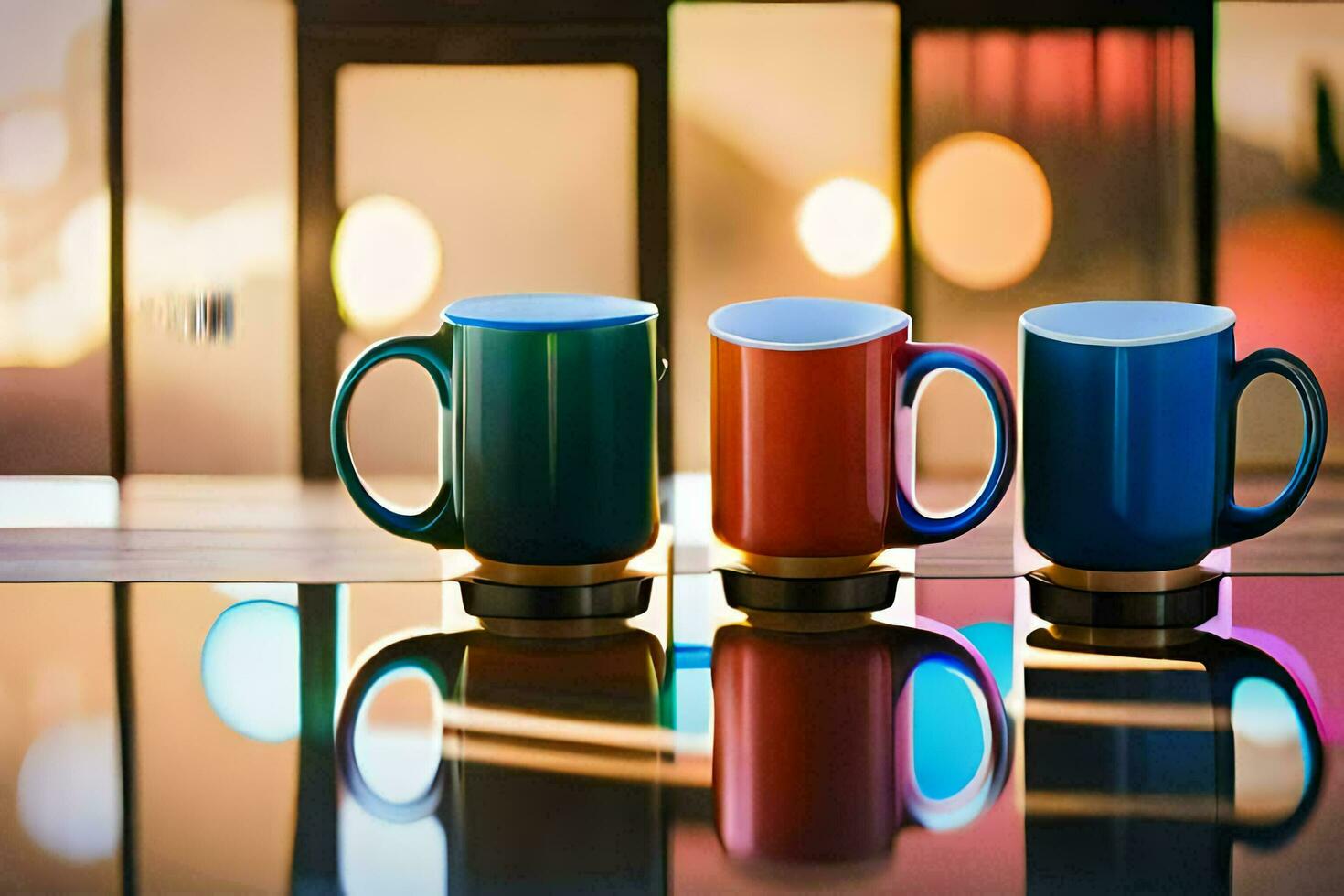 drie kleurrijk koffie mokken zitten Aan een tafel. ai-gegenereerd foto