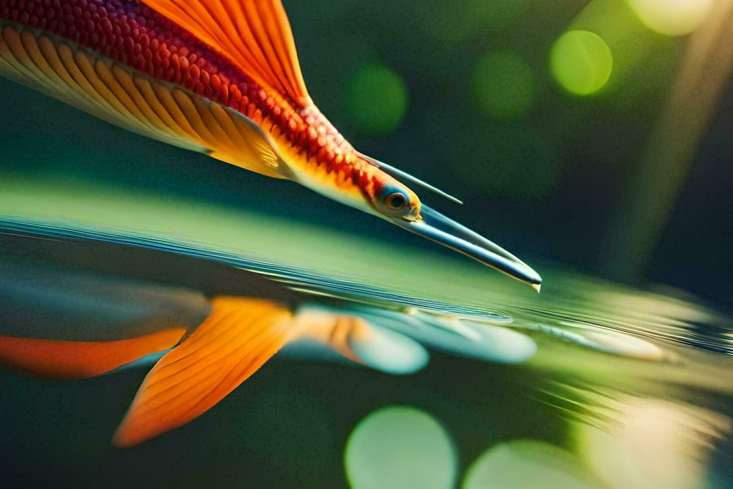 een vis met een lang staart is weerspiegeld in de water. ai-gegenereerd foto