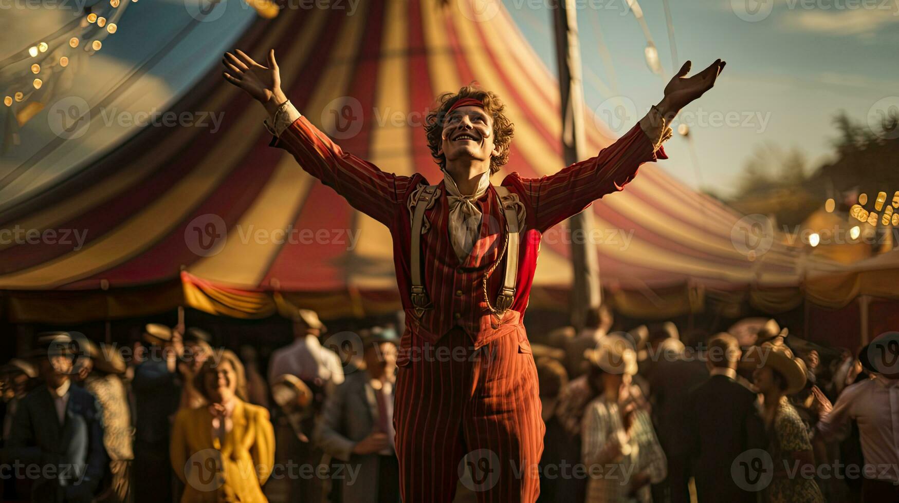 Mens proost mensen en stijgen handen naar lucht in voorkant van circus tent. foto