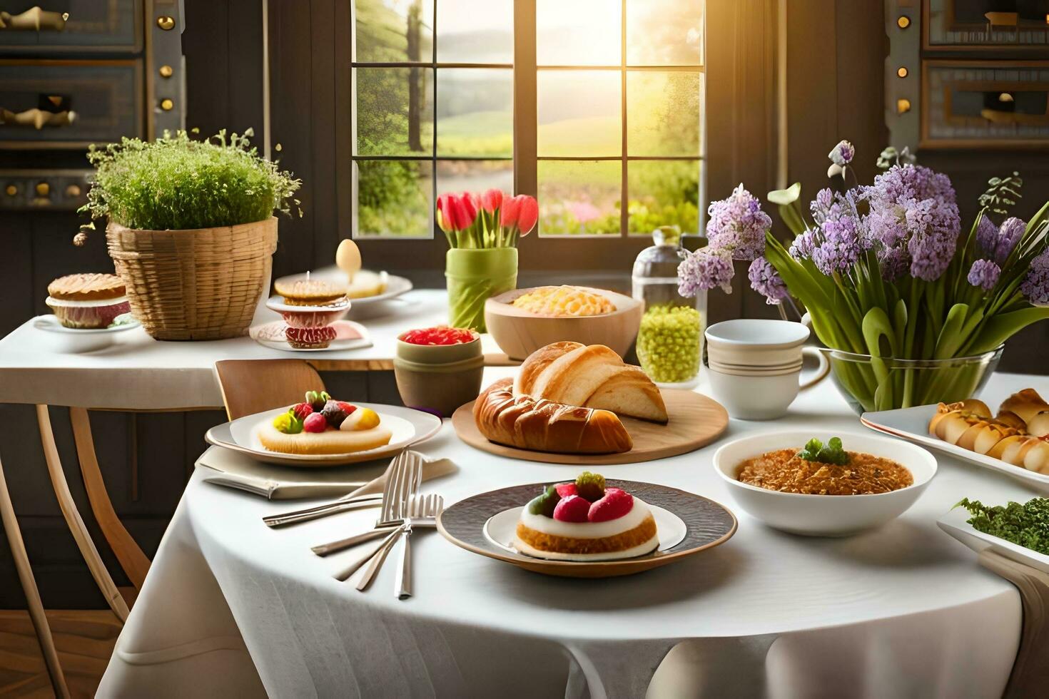 een tafel reeks met voedsel en bloemen. ai-gegenereerd foto