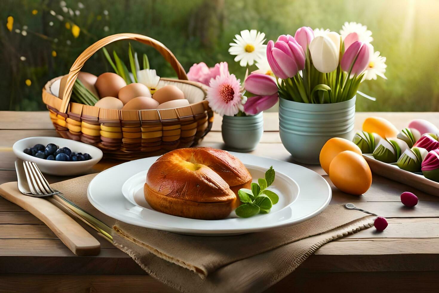 een tafel met een Pasen mand, eieren en bloemen. ai-gegenereerd foto