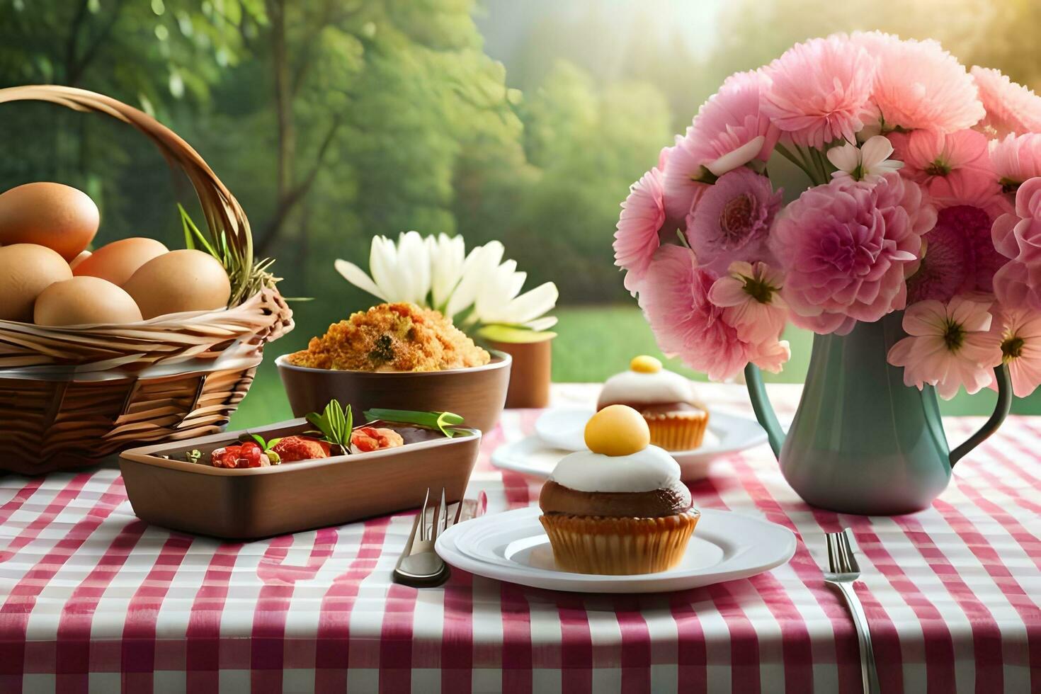 een picknick tafel met bloemen en eieren. ai-gegenereerd foto