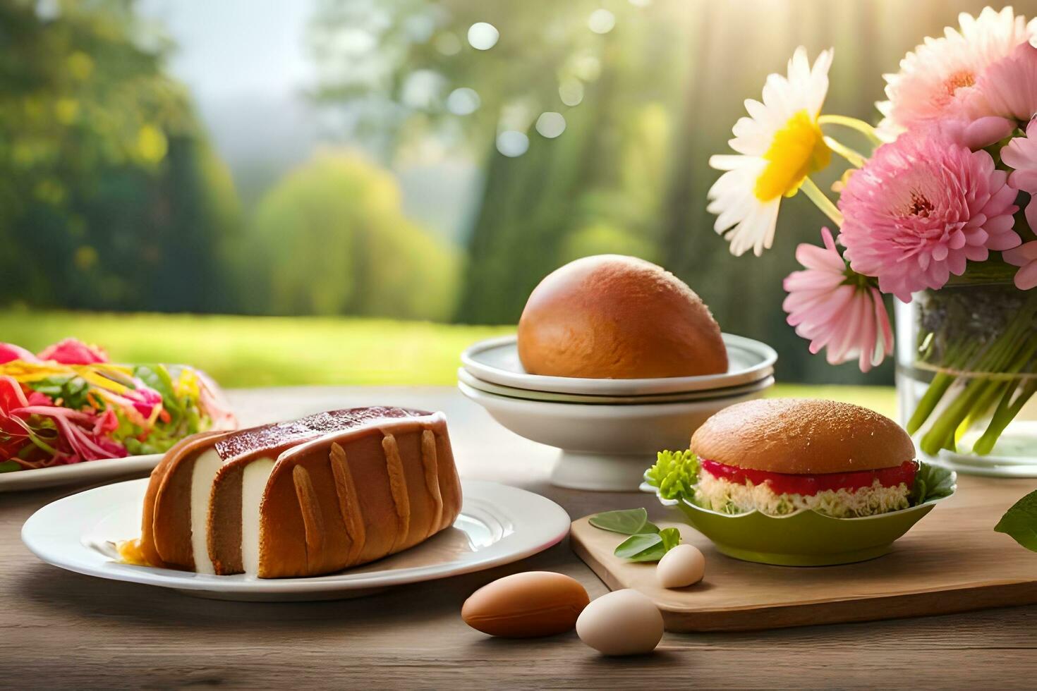 een tafel met een bord van voedsel en bloemen. ai-gegenereerd foto