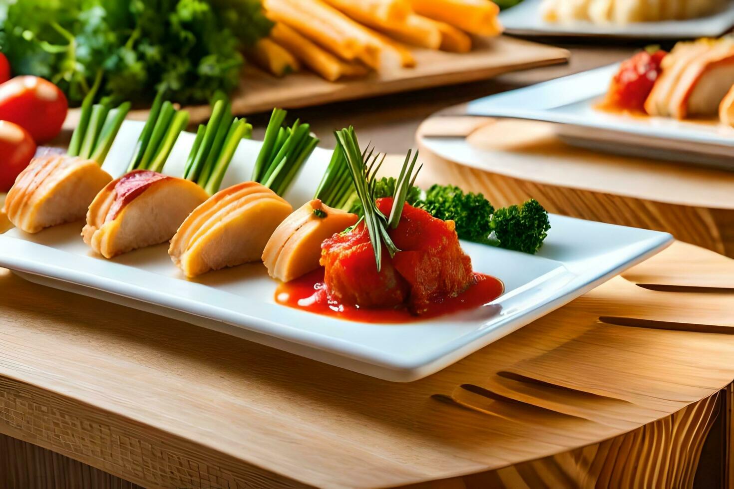 een buffet tafel met divers voedingsmiddelen Aan het. ai-gegenereerd foto