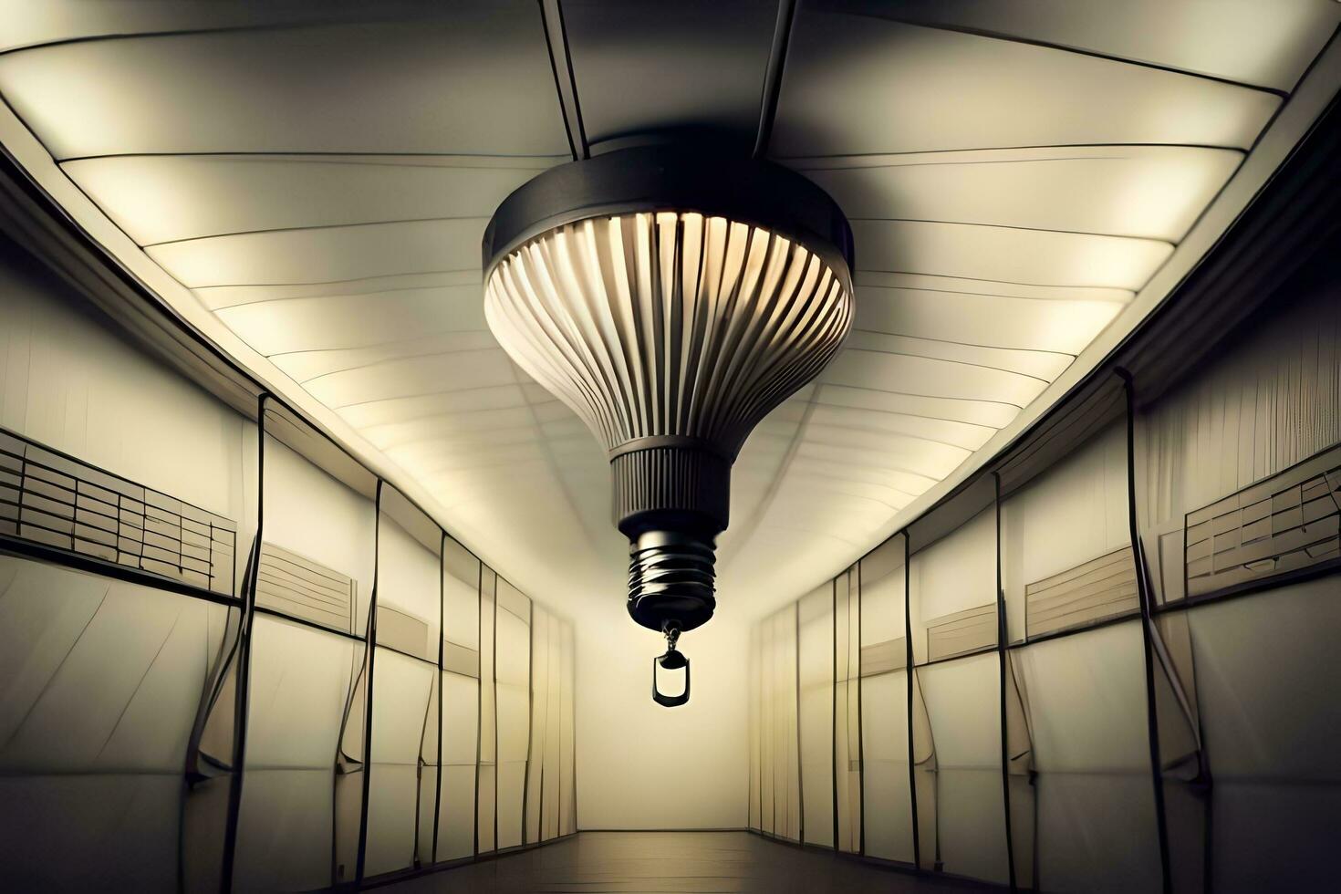 een licht lamp hangende van de plafond in een gang. ai-gegenereerd foto