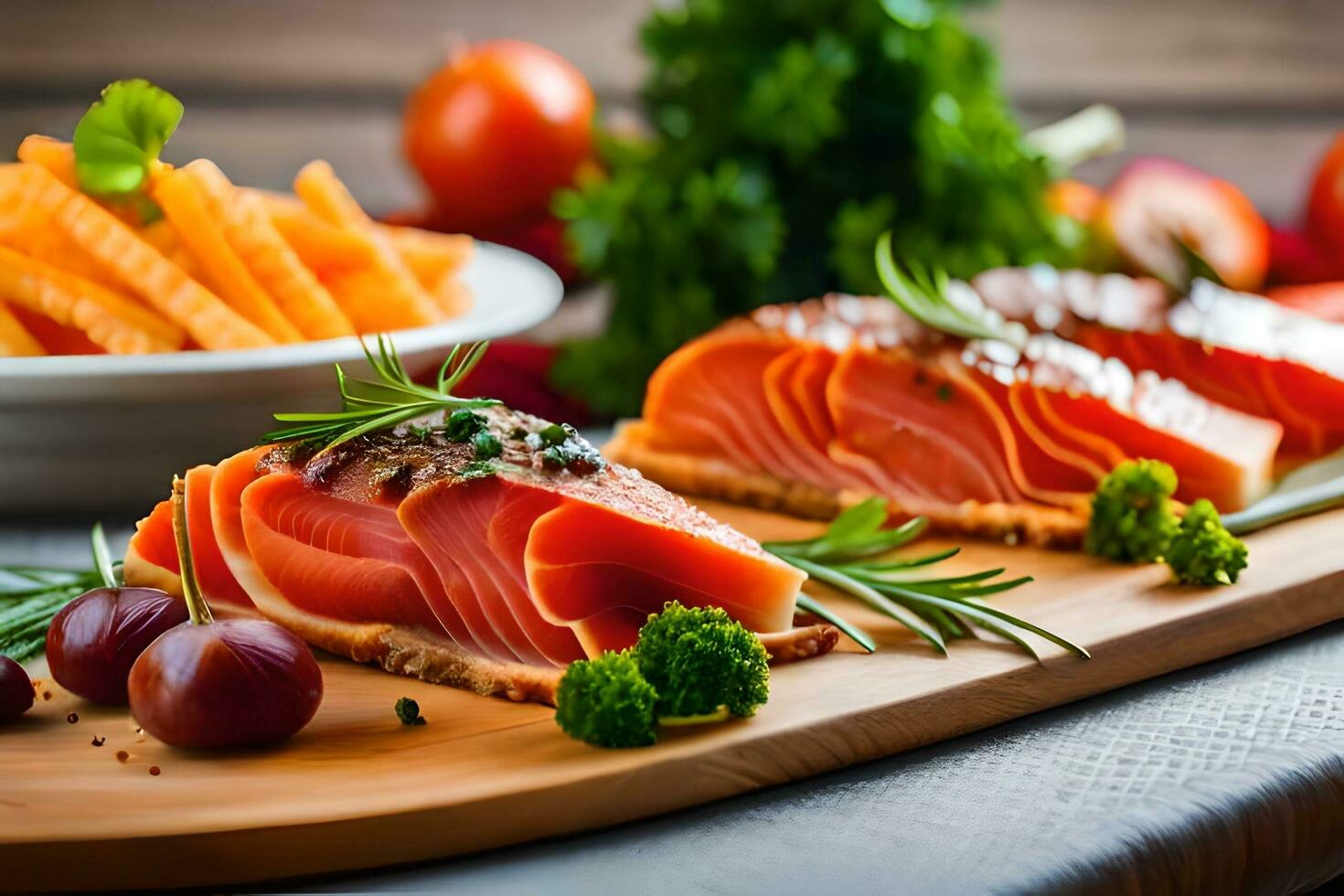 Zalm en groenten Aan een houten snijdend bord. ai-gegenereerd foto