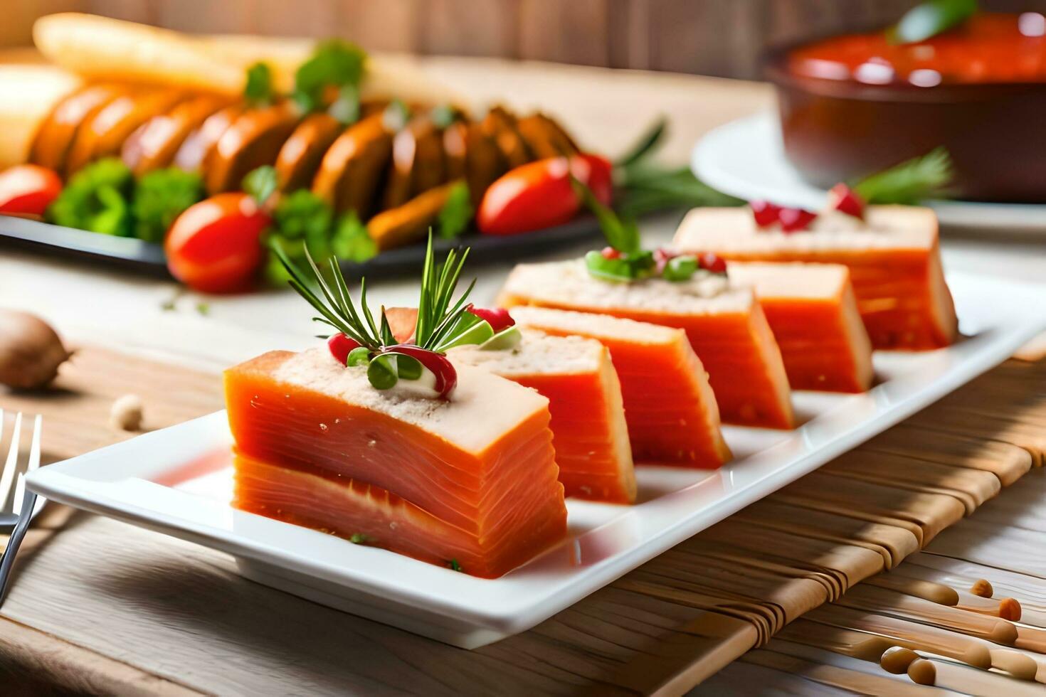 Zalm met groenten en kruiden Aan een wit bord. ai-gegenereerd foto