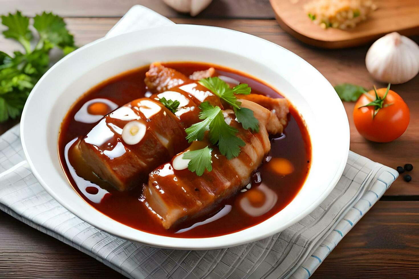 een kom van vlees en saus Aan een houten tafel. ai-gegenereerd foto