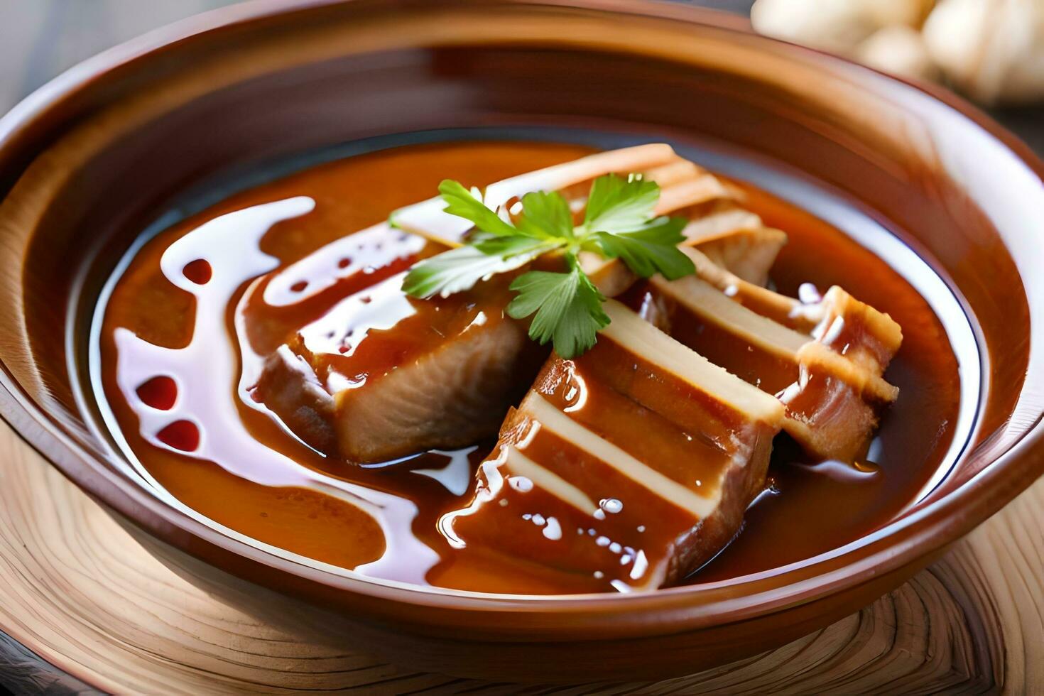 een kom van vlees en saus Aan een houten tafel. ai-gegenereerd foto