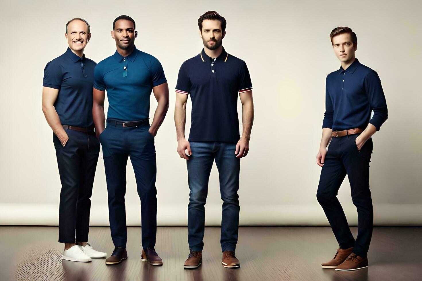 vijf mannen in blauw polo overhemden staand in een rij. ai-gegenereerd foto