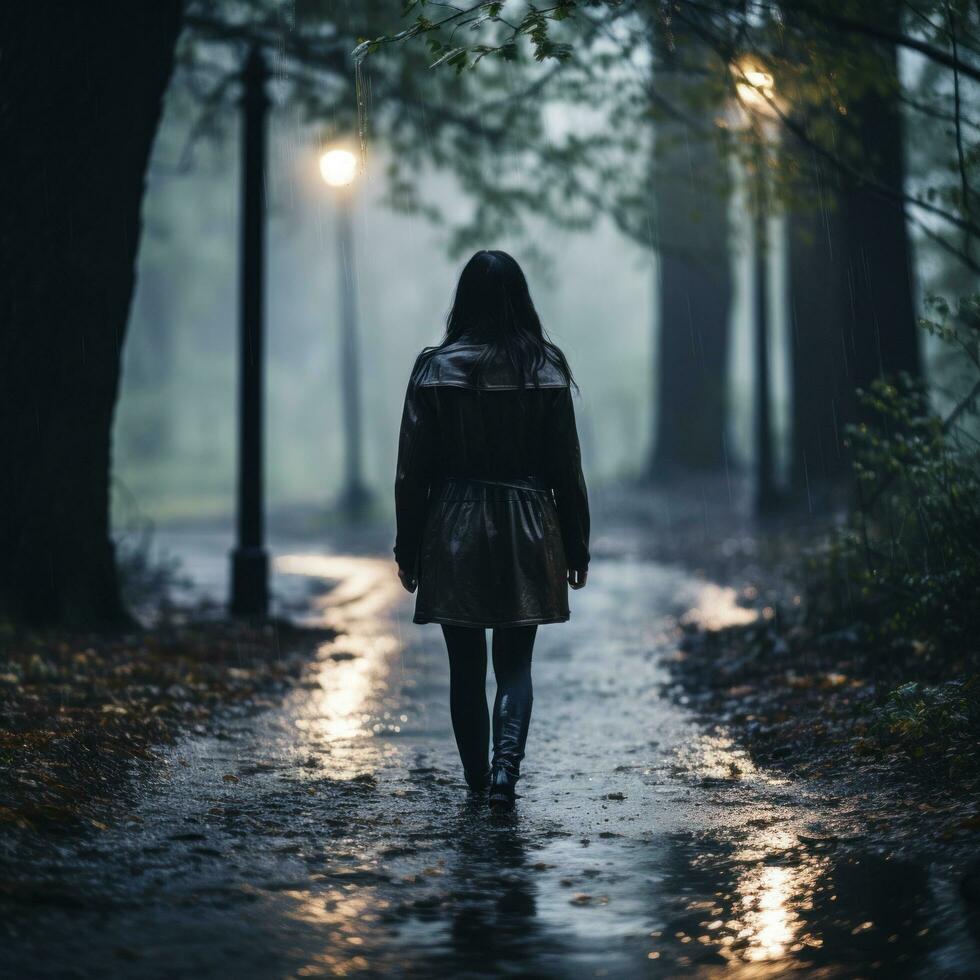 vrouw wandelen alleen in de regen foto