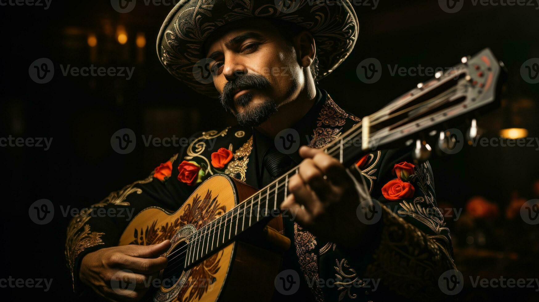 Mexicaans mariachi musicus spelen gitaar in zwart achtergrond. foto