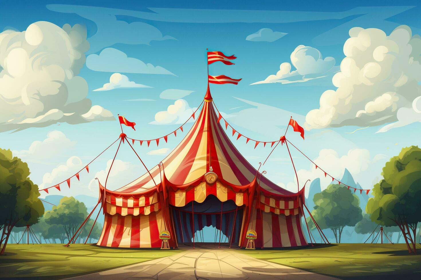 circus tent tegen de blauw lucht met wolken. circus poster, poster. wereld circus dag. gegenereerd door kunstmatig intelligentie- foto