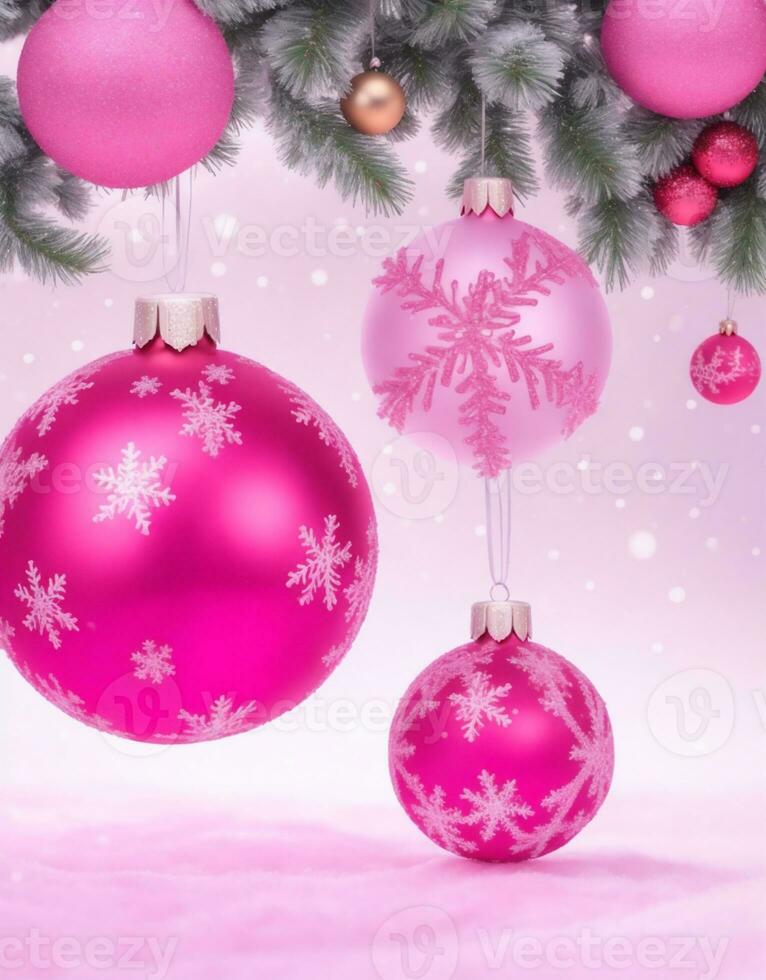 roze Kerstmis achtergrond met kerstballen en plaats voor tekst foto