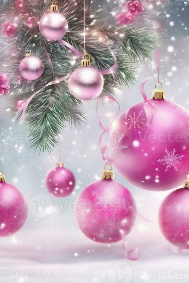 roze Kerstmis achtergrond met kerstballen en plaats voor tekst foto