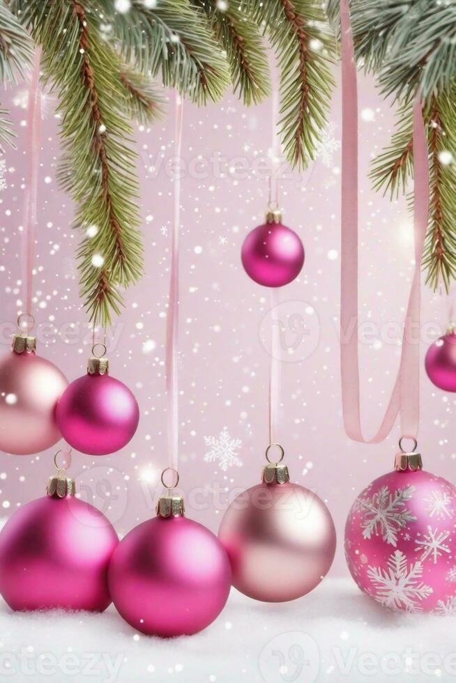 roze Kerstmis achtergrond met kerstballen en plaats voor tekst foto