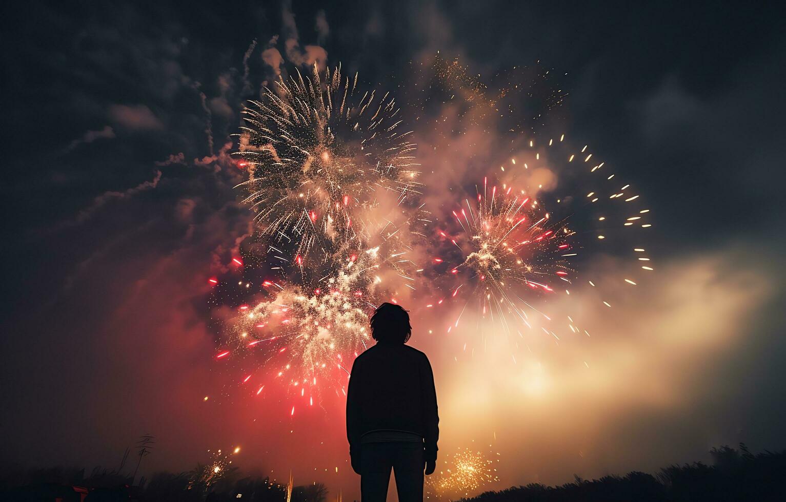 jong Mens staand in de park en aan het kijken de vuurwerk, viering evenement, ai gegenereerd foto