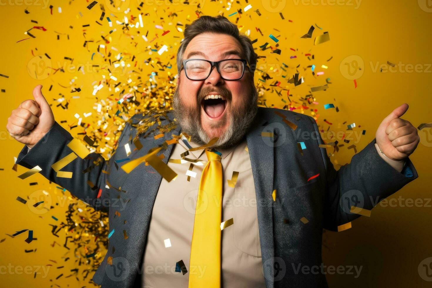 uitbundig dik manager vieren met confetti geïsoleerd Aan een wit achtergrond foto