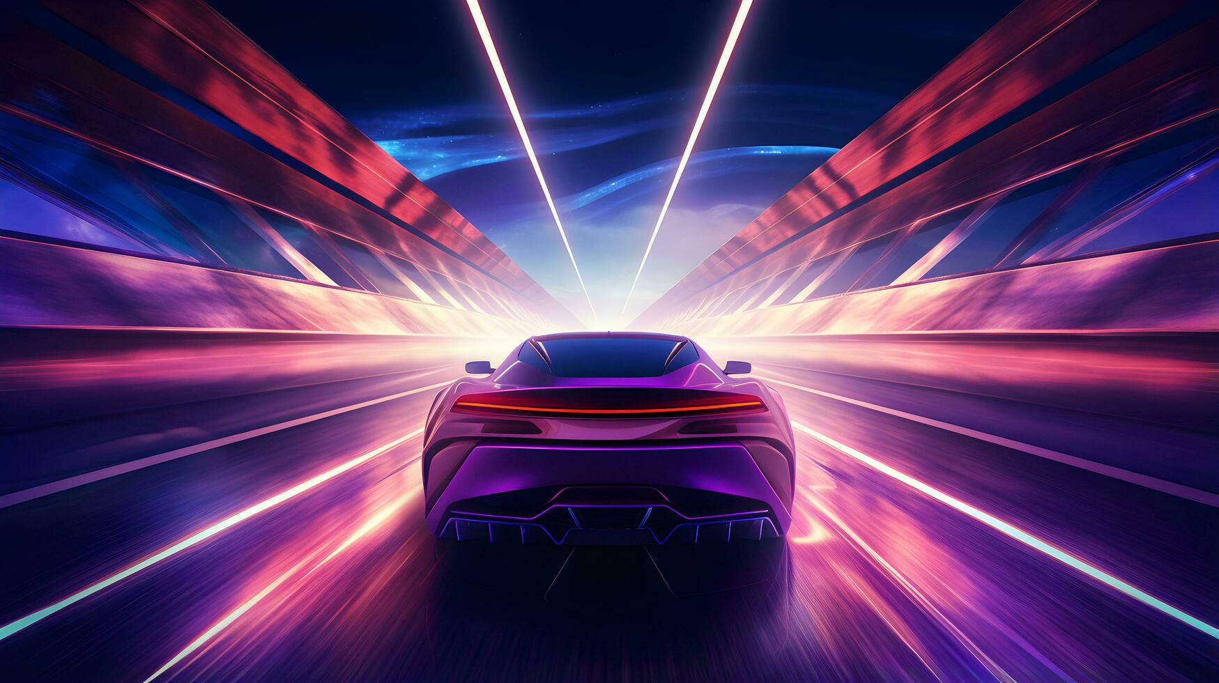 futuristische auto Aan weg, hoge snelheid neon licht, ai generatief foto