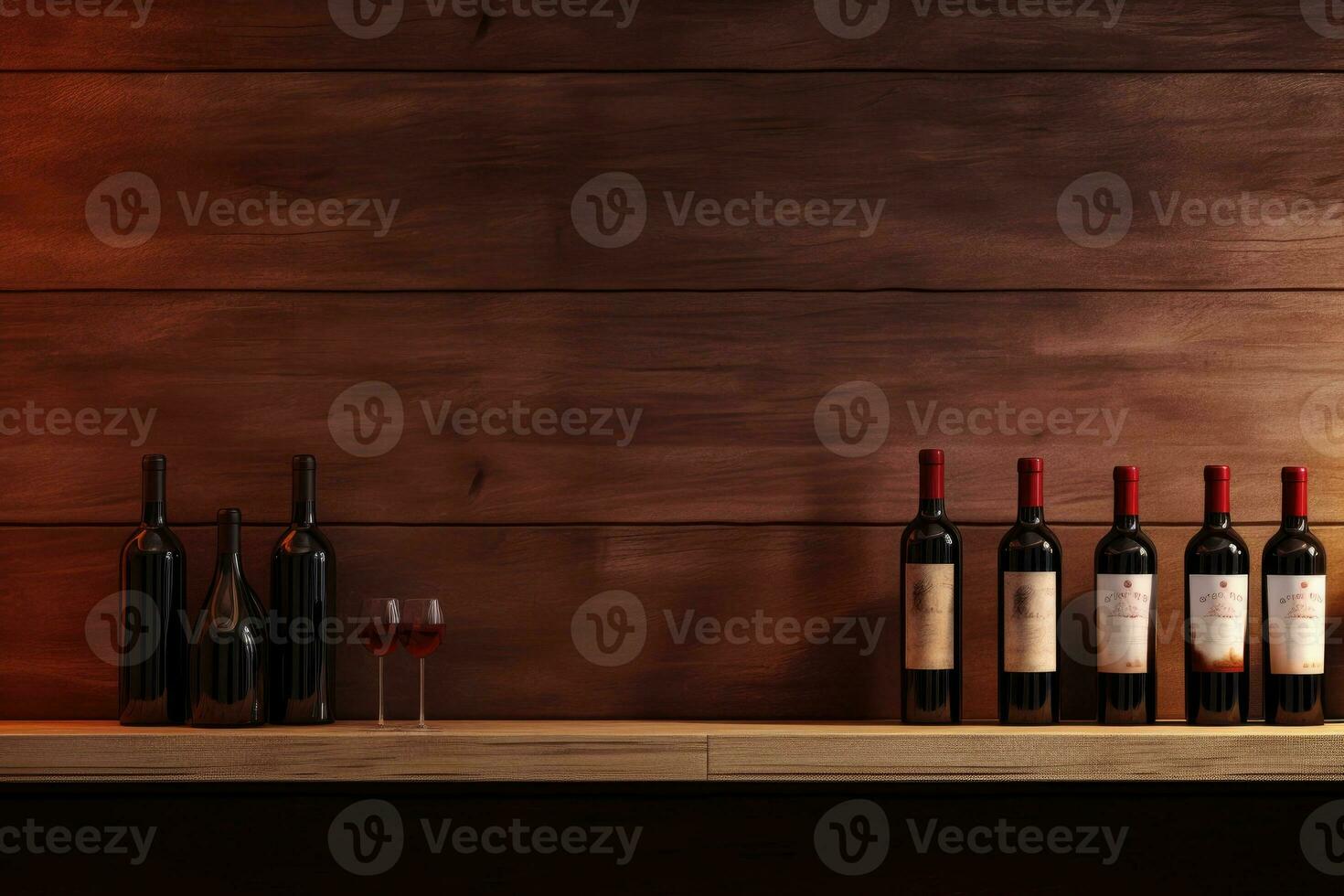flessen van rood wijn Aan een houten plank. kopiëren ruimte voor wijnmakerij. ai generatief foto