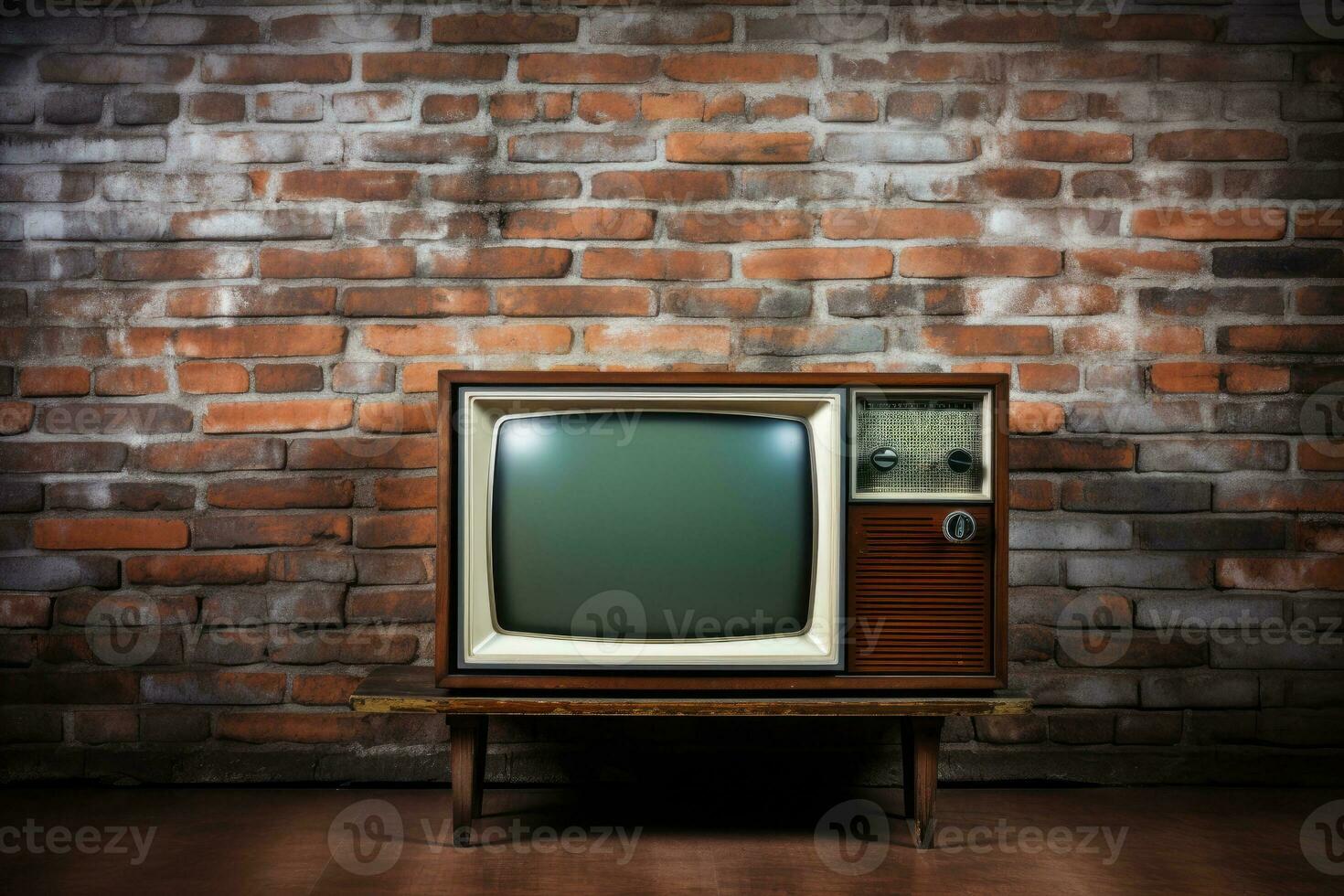 wijnoogst TV tegen een steen muur. retro stijl. generatief ai foto
