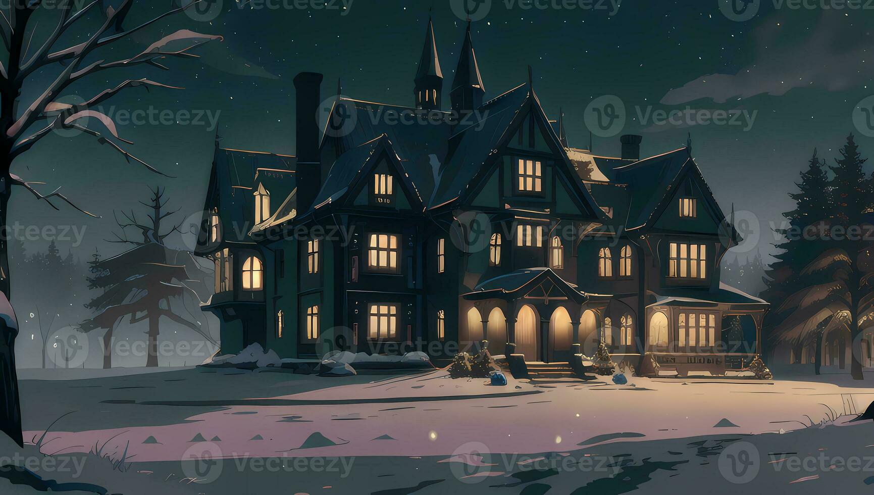 herenhuis of kasteel gedurende winter tafereel voor zichtbaar roman anime manga achtergrond behang foto