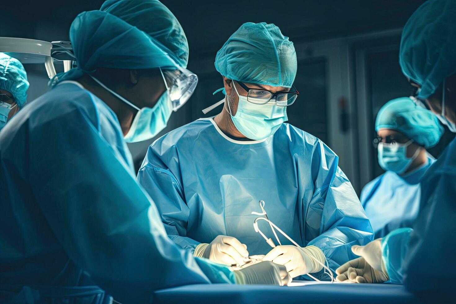 team chirurg Bij werk in in werking kamer. groep van chirurgen in in werking kamer met chirurgie apparatuur, groep van veterinair chirurgie in de in werking kamer, ai gegenereerd foto