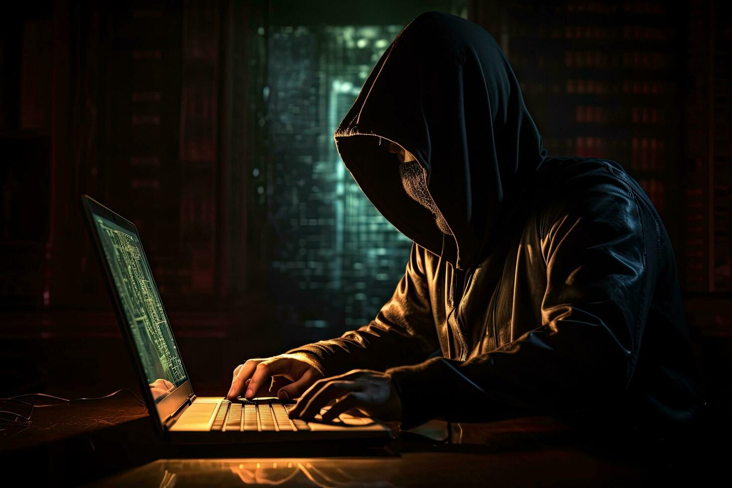 met een kap hacker stelen gegevens van een laptop. cybercriminaliteit concept, hacker zonder een gezicht is proberen naar stelen cryptogeld gebruik makend van een computer, ai gegenereerd foto