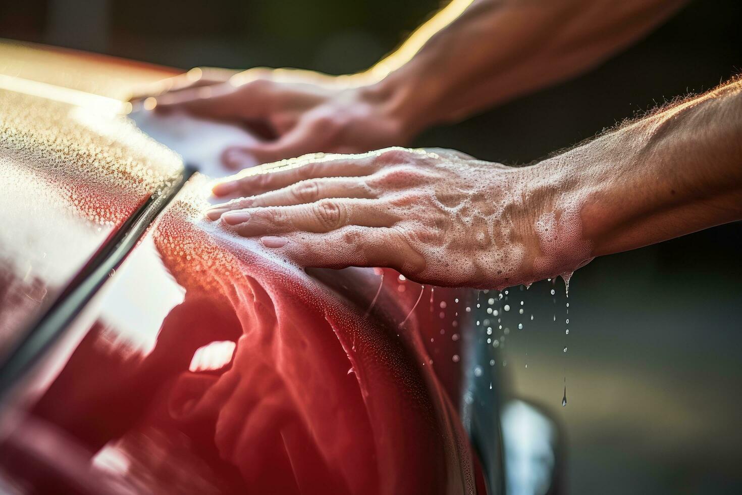 Mens het wassen een rood auto met een microfiber lap, detailopname, hand- dichtbij omhoog auto schoonmaak. wassen de rood auto met zeep, ai gegenereerd foto