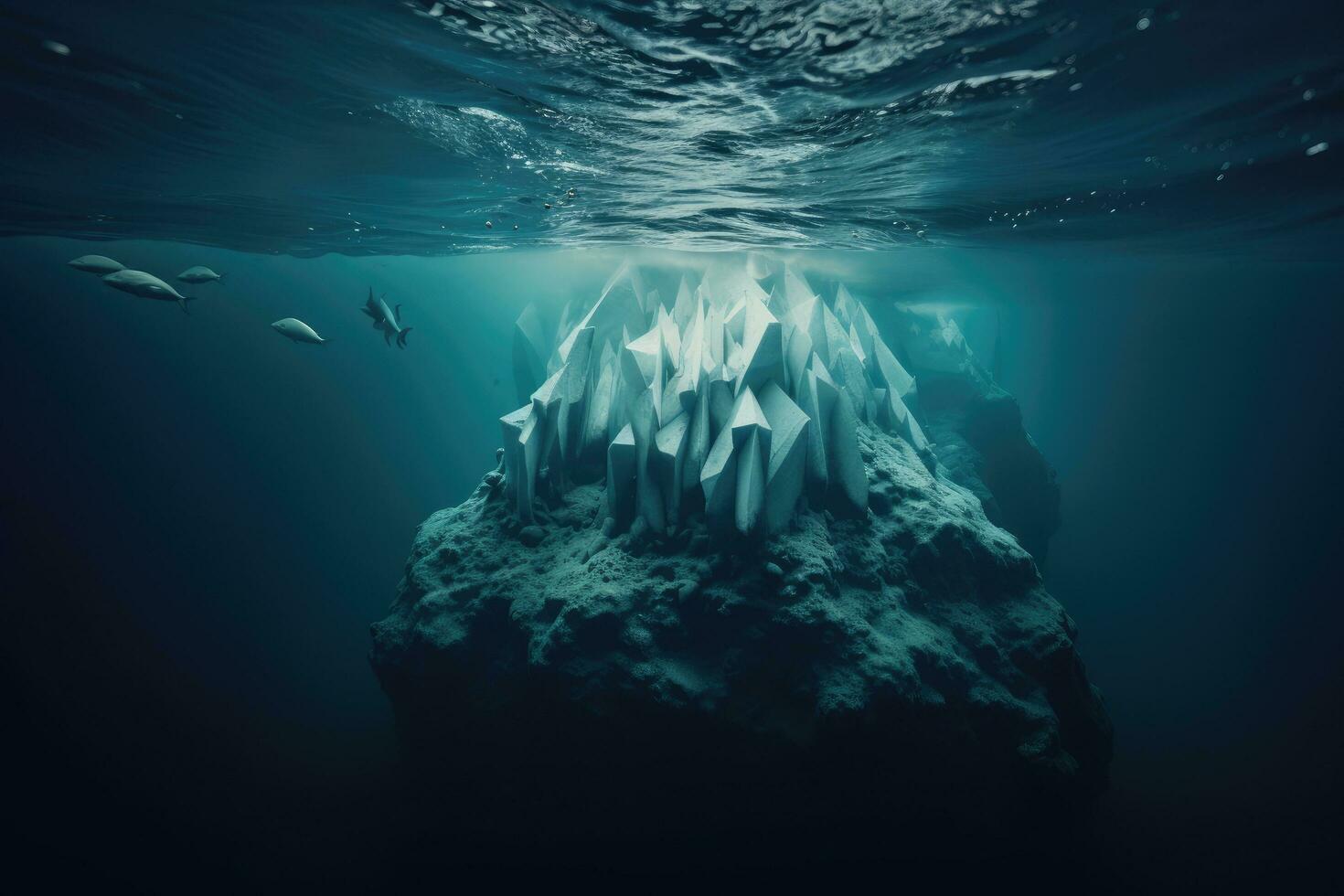 onderwater- visie van ijsbergen in de oceaan. 3d weergave, ijsberg met bovenstaand en onderwater- visie, ai gegenereerd foto
