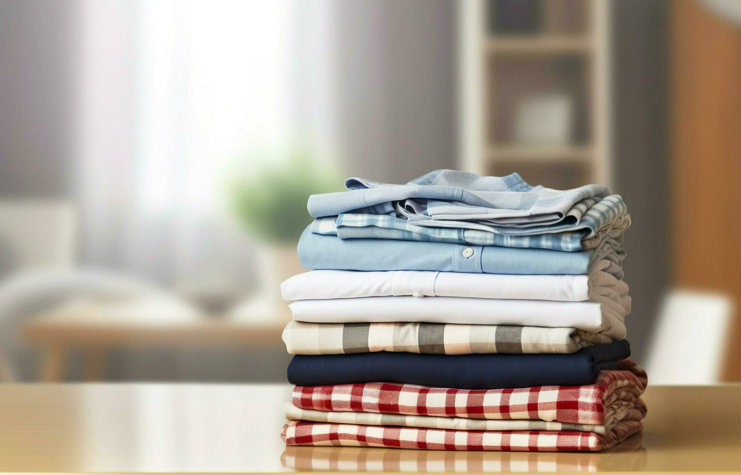 stack van schoon kleren Aan tafel in kamer. generatief ai foto