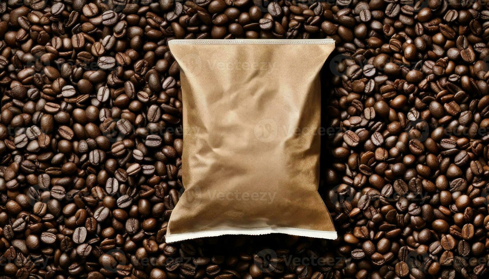 top visie koffie bonen met blanco papier zak voor achtergrond, donker geroosterd, cafe bedrijf concept, behang, achtergrond, koffie industrieel, wereld koffie dag, generatief ai foto