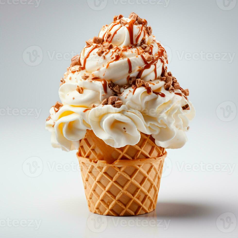 ijs room in een wafel kop met topping, karamel en chocola hagelslag - ai gegenereerd beeld foto