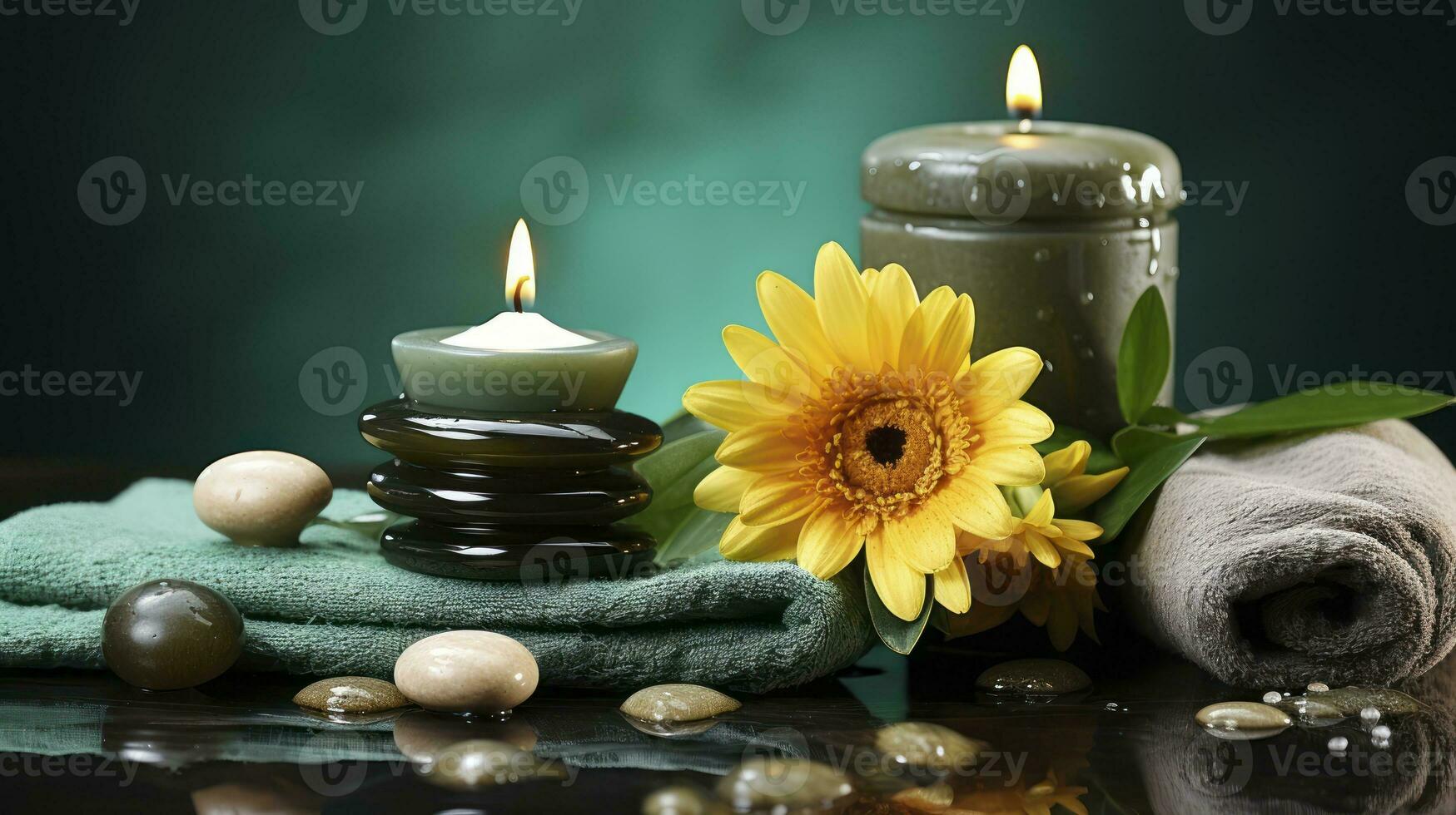 etherisch kalm. spa sfeer met kaarsen en bloemen elegantie. generatief ai foto