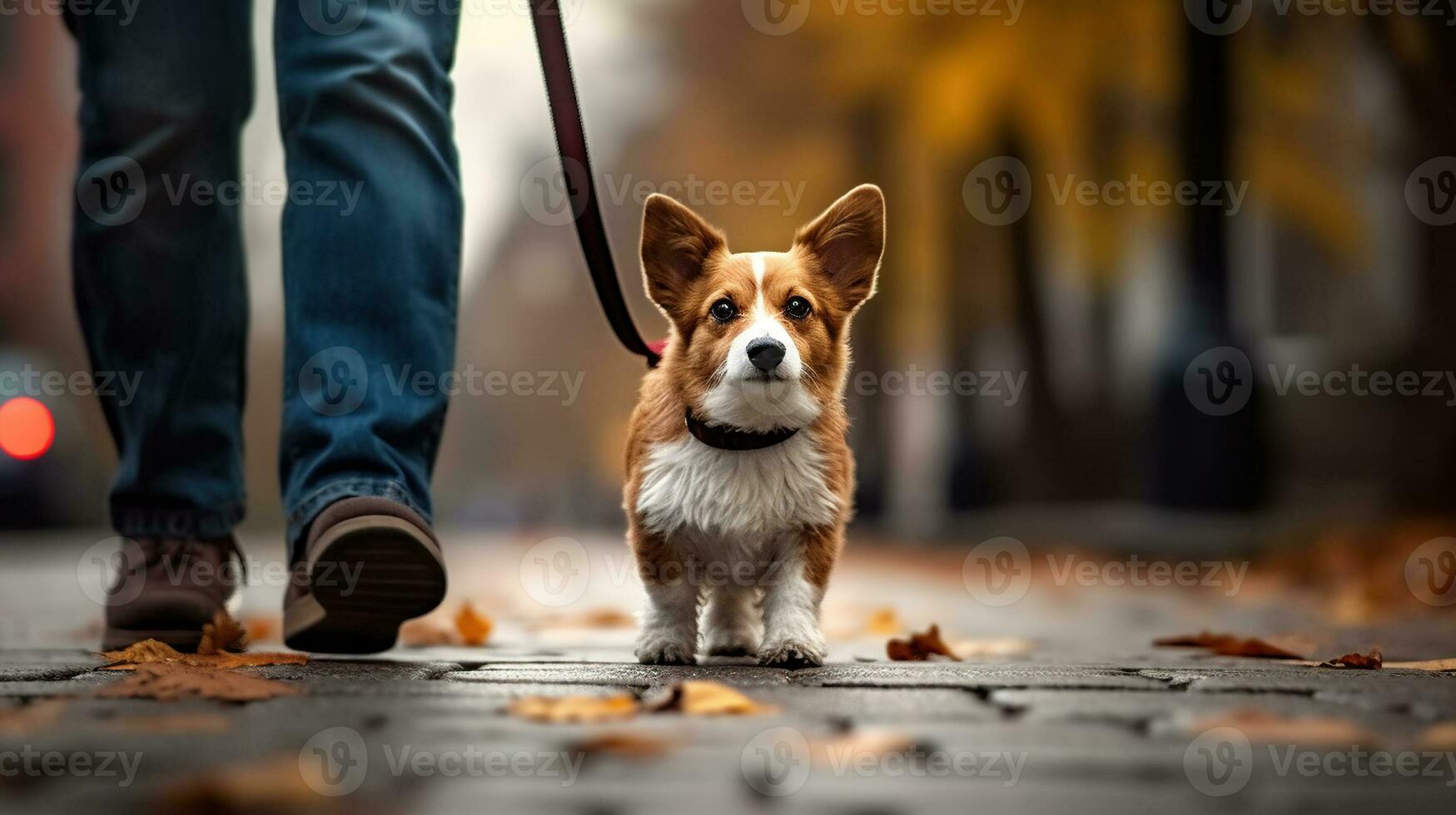 hond Aan riem wandelen gehoorzaam met baasje. wandelen in tandem. generatief ai foto