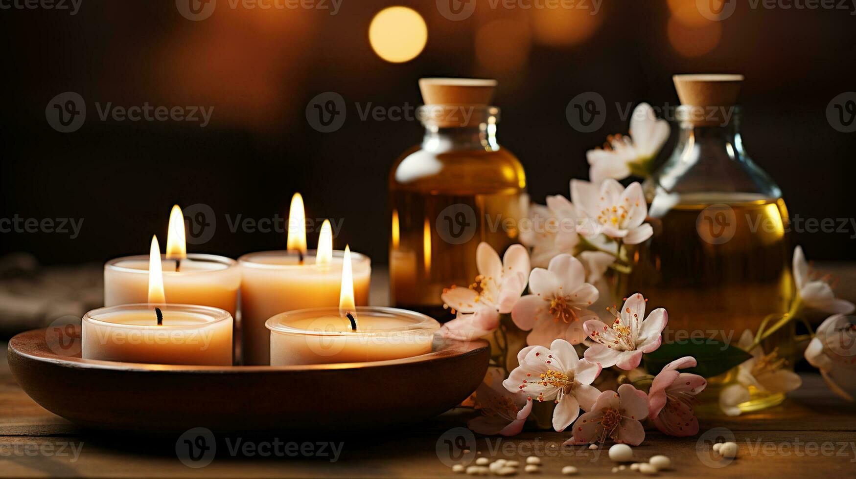 massage behandeling spa met kaarslicht en bloemen harmonie. generatief ai foto