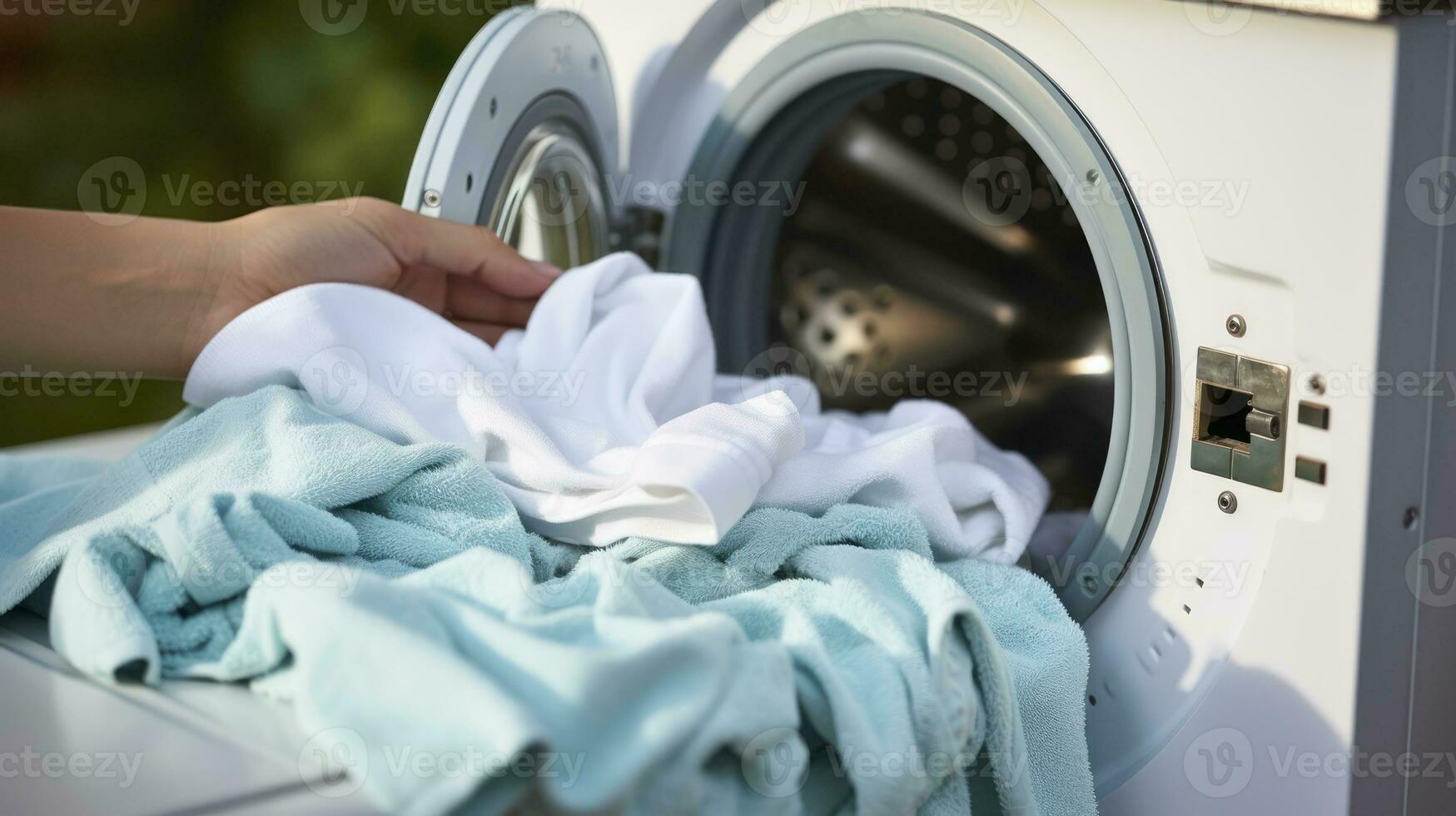 vrouw handen ophalen wasserij van de wasmachine. generatief ai foto