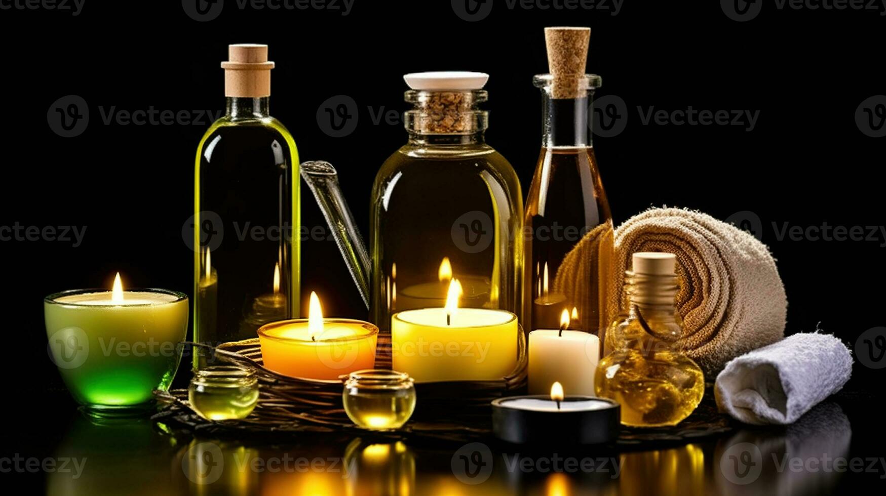 aromatherapeutisch gelukzaligheid. verheffen uw spa ervaring met oliën, kaarsen, en cosmetica. generatief ai foto
