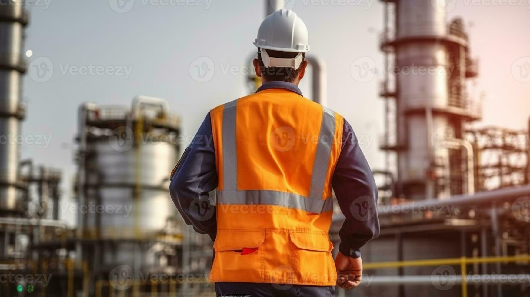 een Mens in een oranje hesje en moeilijk hoed staand in voorkant van een olie raffinaderij. generatief ai foto