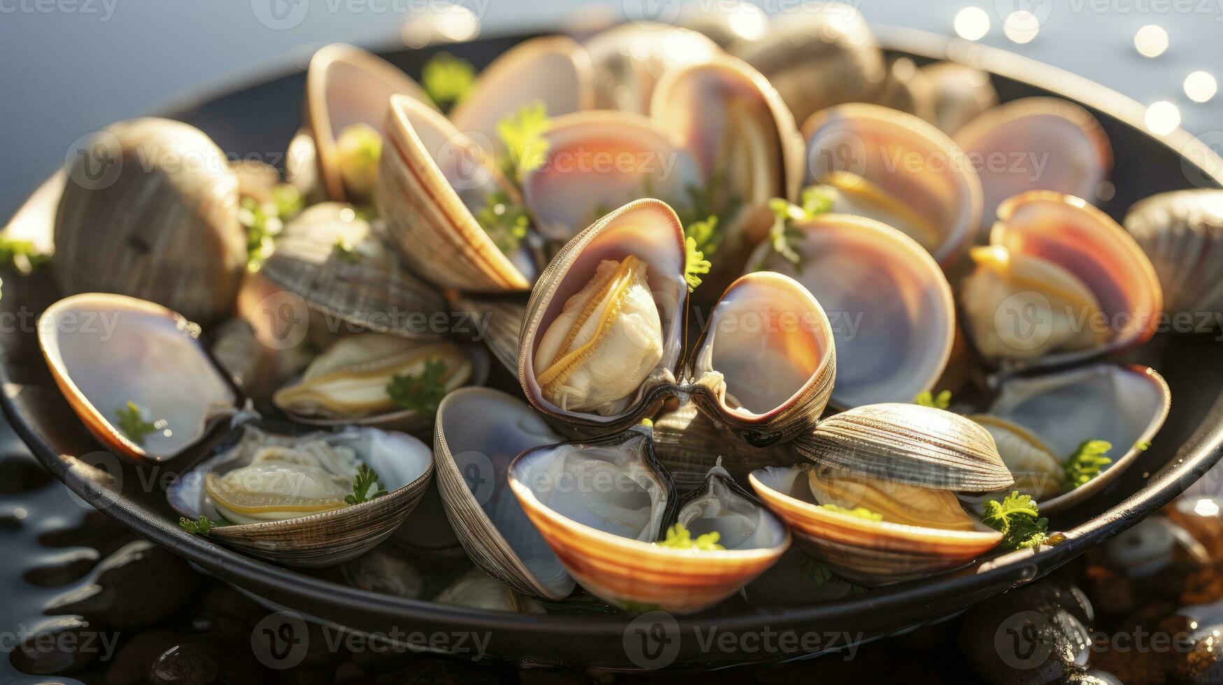 genieten de zee. een detailopname van vers gestoomd mosselen. generatief ai foto