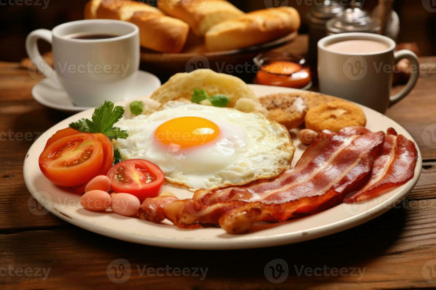 Engels ontbijt Aan de wit bord, eieren met vloeistof dooier, worstjes, vork en mes, croissants, koffie met melk. generatief ai foto