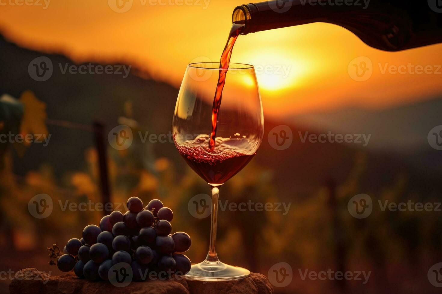 gieten rood wijn in glas Aan wijngaard achtergrond Bij zonsondergang. generatief ai foto