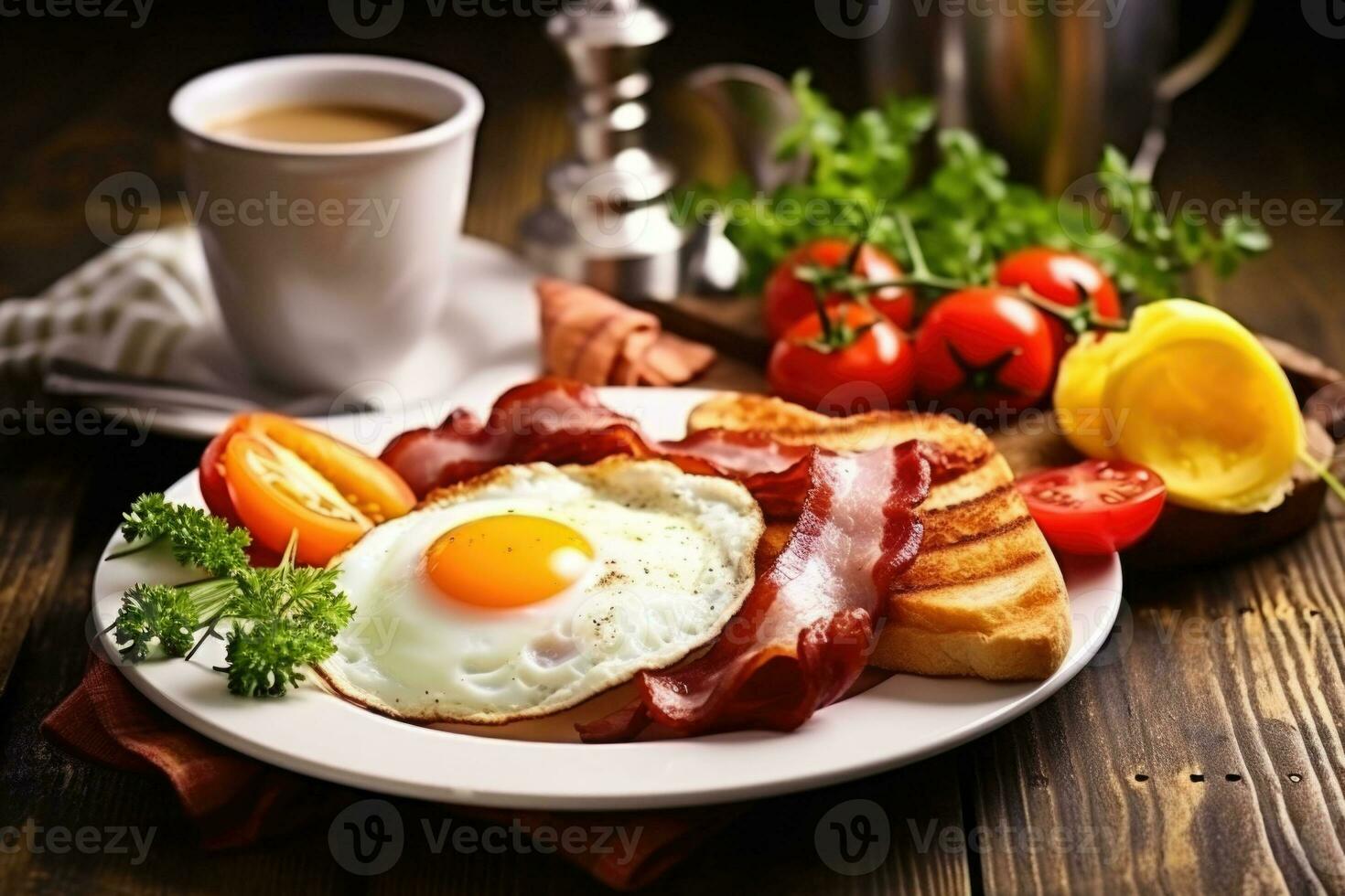 Engels ontbijt Aan de wit bord, eieren met vloeistof dooier, worstjes, vork en mes, croissants, koffie met melk. generatief ai foto