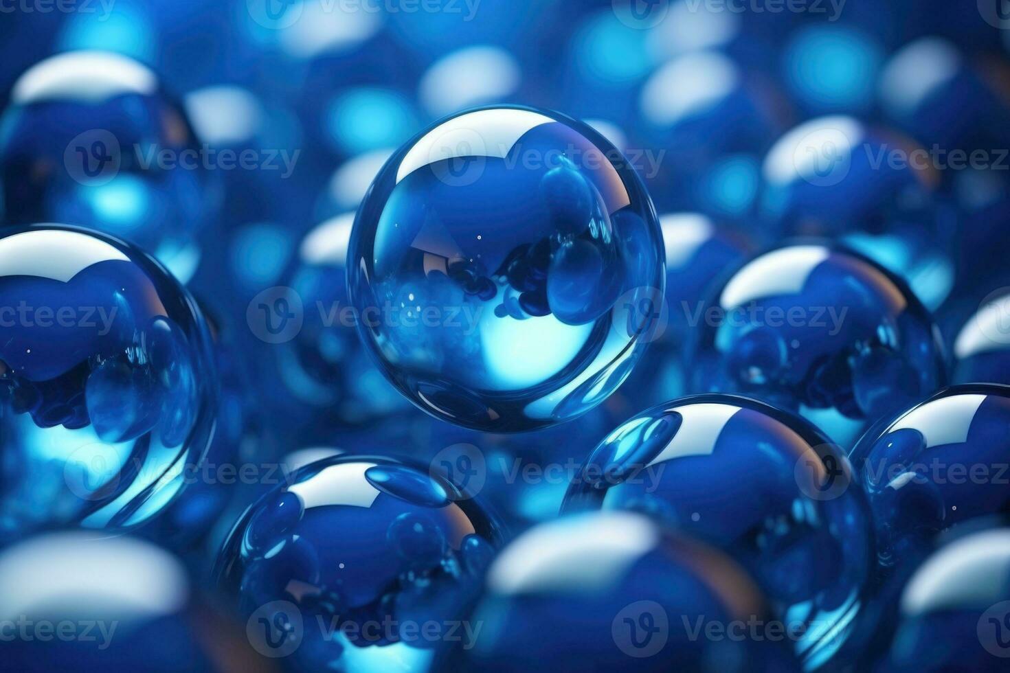 glimmend ballen in verschillend maten Aan blauw achtergrond. abstract glanzend bubbels. samenstelling met chaotisch drijvend bollen. generatief ai foto
