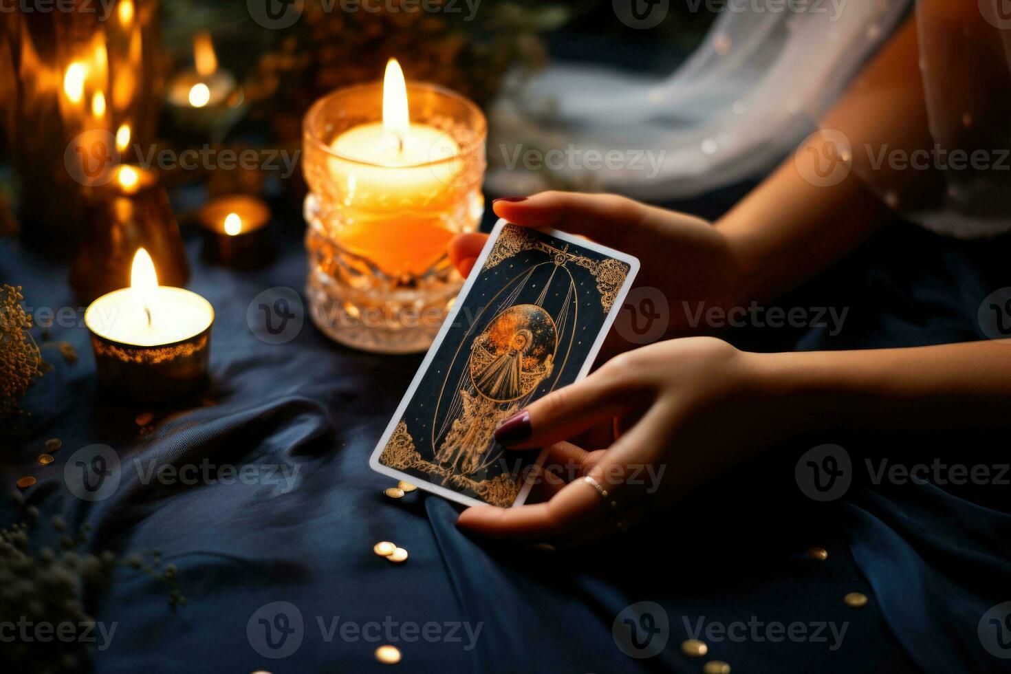 vrouw hand- Holding een tarot kaart. fortuin teller lezing tarot kaarten. generatief ai foto