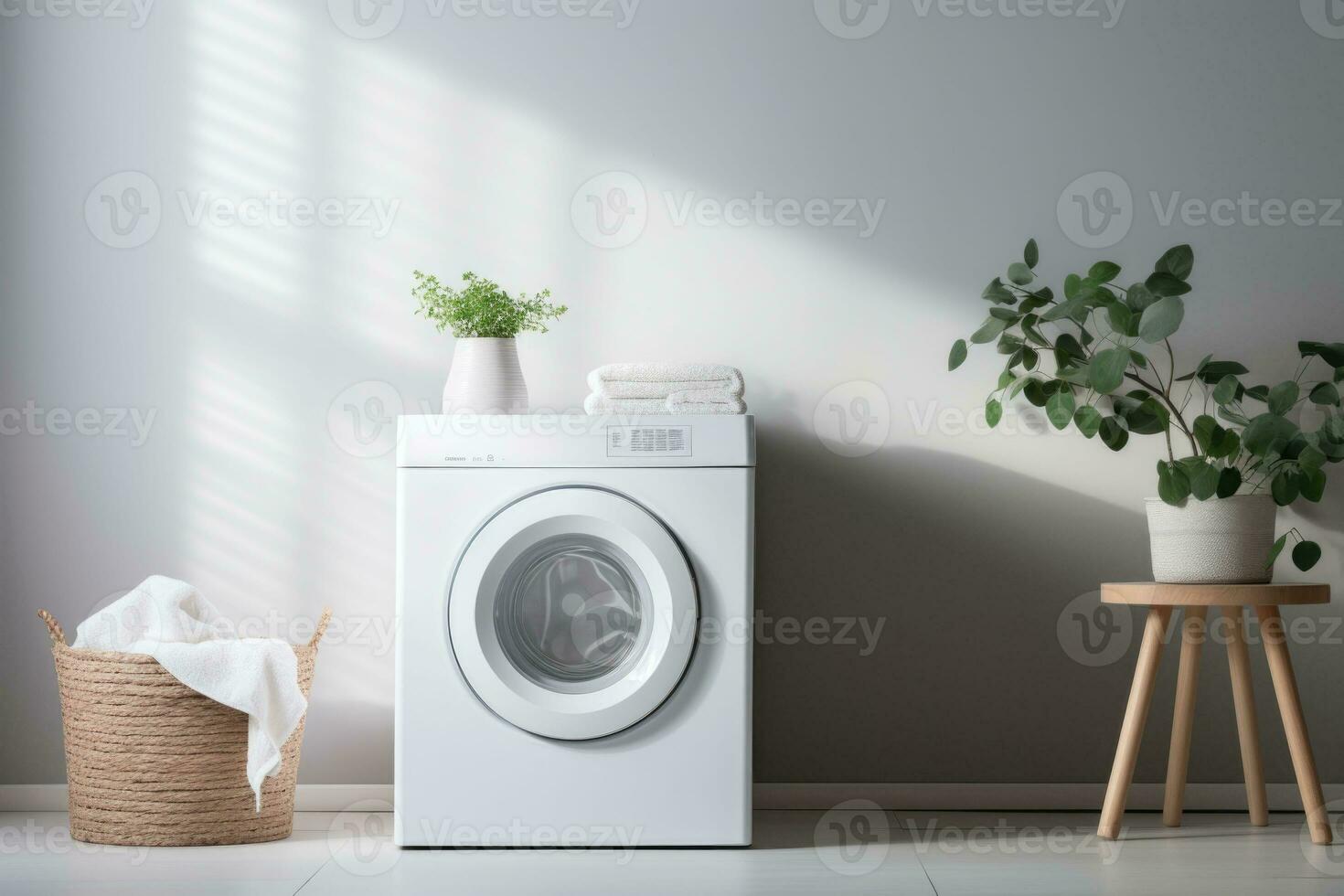 interieur van huis wasserij kamer met modern het wassen machine. generatief ai foto