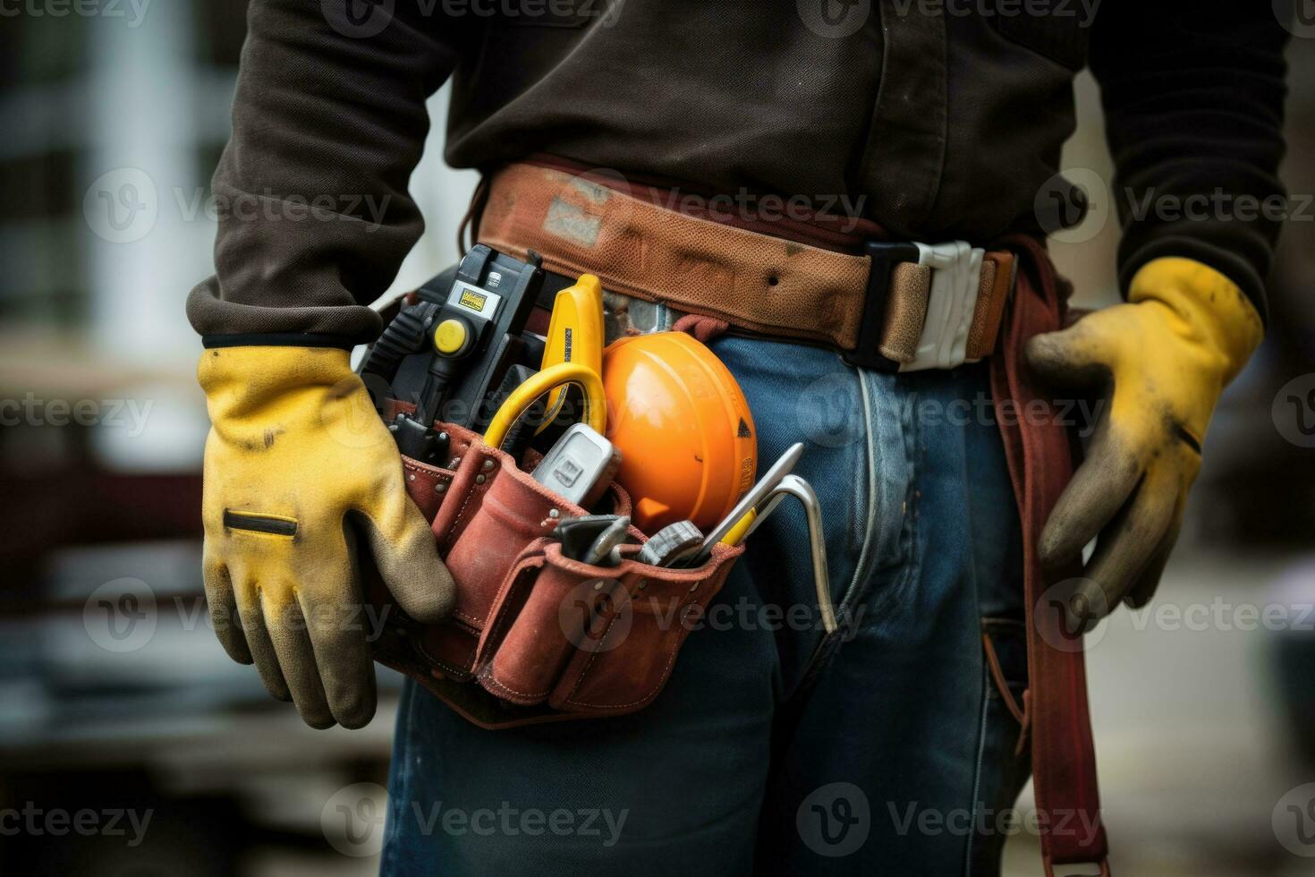 klusjesman met gereedschap riem. detail van Mens handen Holding werk handschoenen en vervelend gereedschap uitrusting Aan taille. generatief ai foto